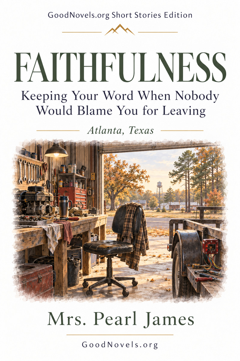 Cover of Faithfulness by Mrs. Pearl James, with an autumn view from a small-engine repair shop in Atlanta, Texas.