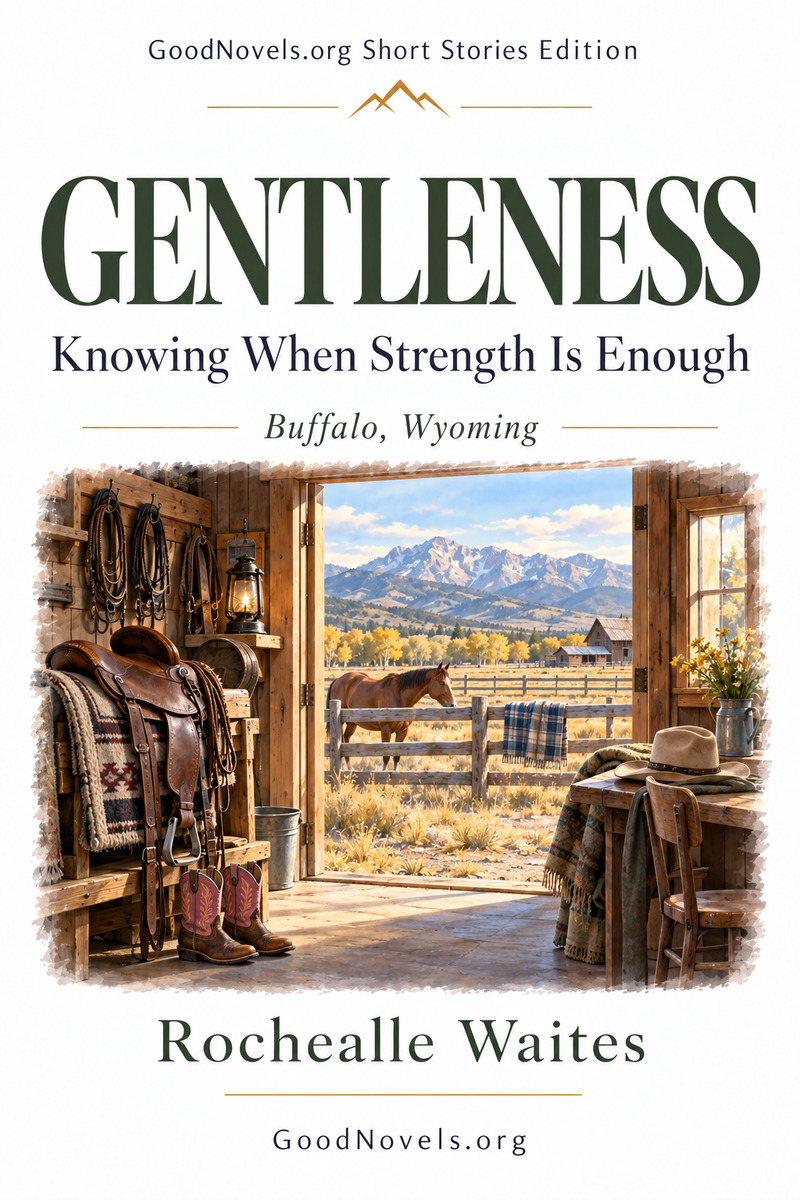 Cover of Gentleness by Rochealle Waites, showing a saddle, a horse, and a mountain view from a ranch near Buffalo, Wyoming.