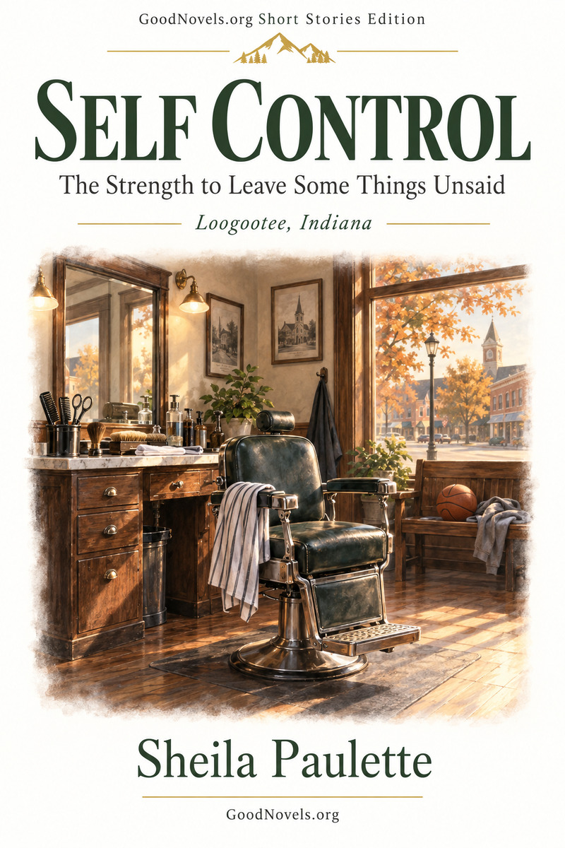Cover of Self Control by Sheila Paulette, showing a barber shop overlooking an autumn street in Loogootee, Indiana.